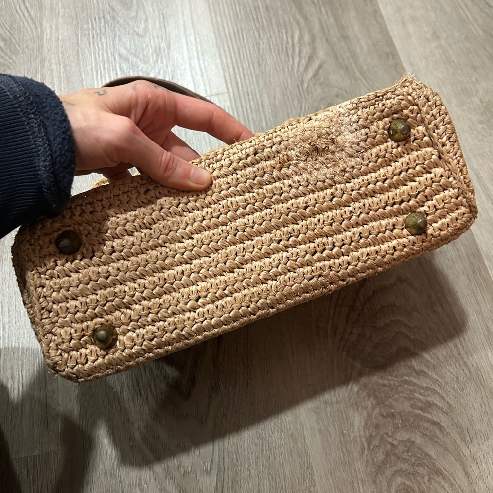 Vintage Roger Van S Woven Straw Tote with Brown and Orange Leather Panels - Picture 8 of 8
